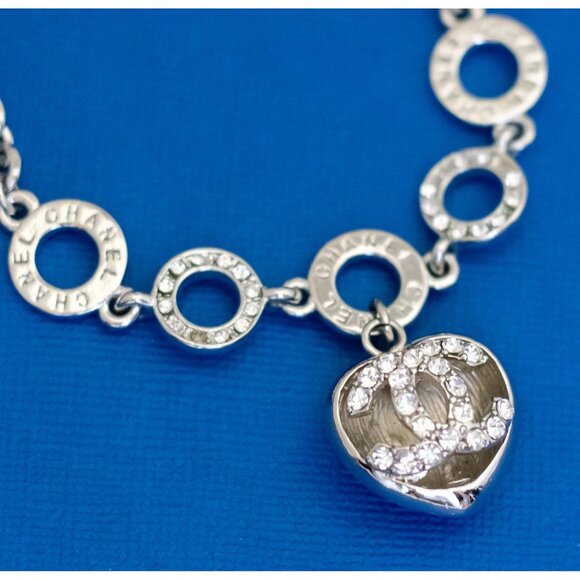 8 inch, Vintage Double Letter C Rhinestones Heart Silver Tone Bracelet - D42 - Picture 2 of 3